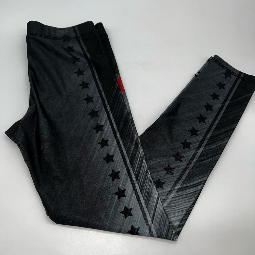 Terez Peloton Black and Gray w/ Stars Leggings w/Red Brand Spell Out-Size S